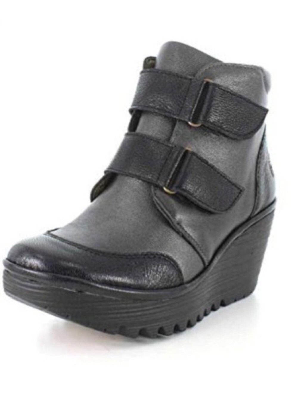 Fly London Yugo Black Wedge Ankle Boot In Grey Black, Size EU 37 (S2)
